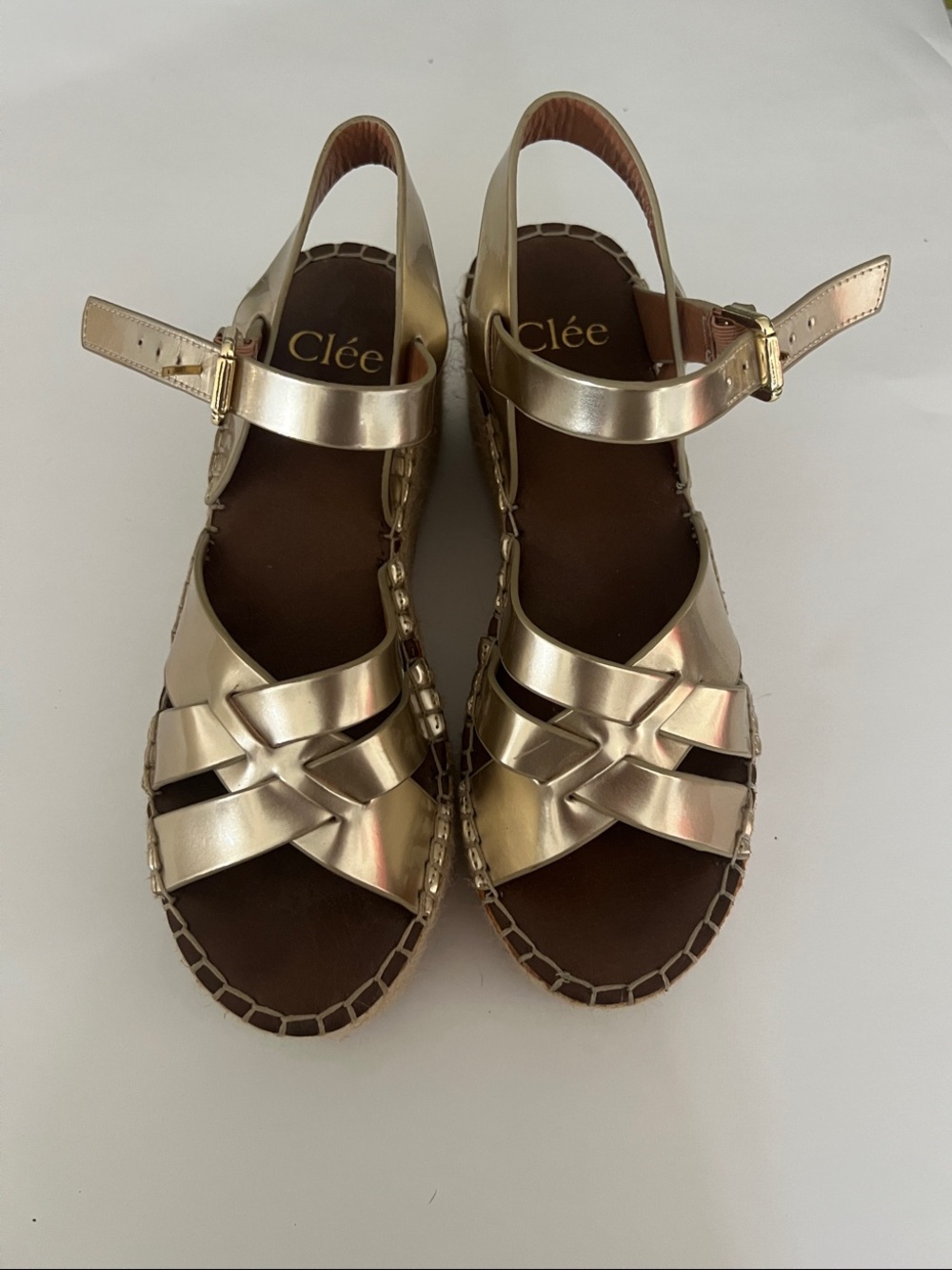 Metallic Gold Braided Leather Wedge Sandals